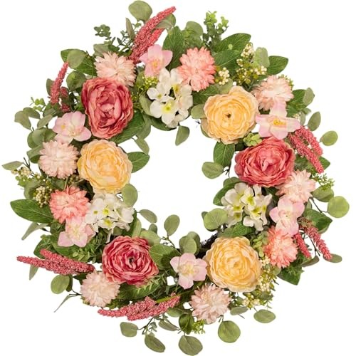 22 Inch Spring Summer Wreath for Front Door, Realistic Silk Peony & Hydrangea