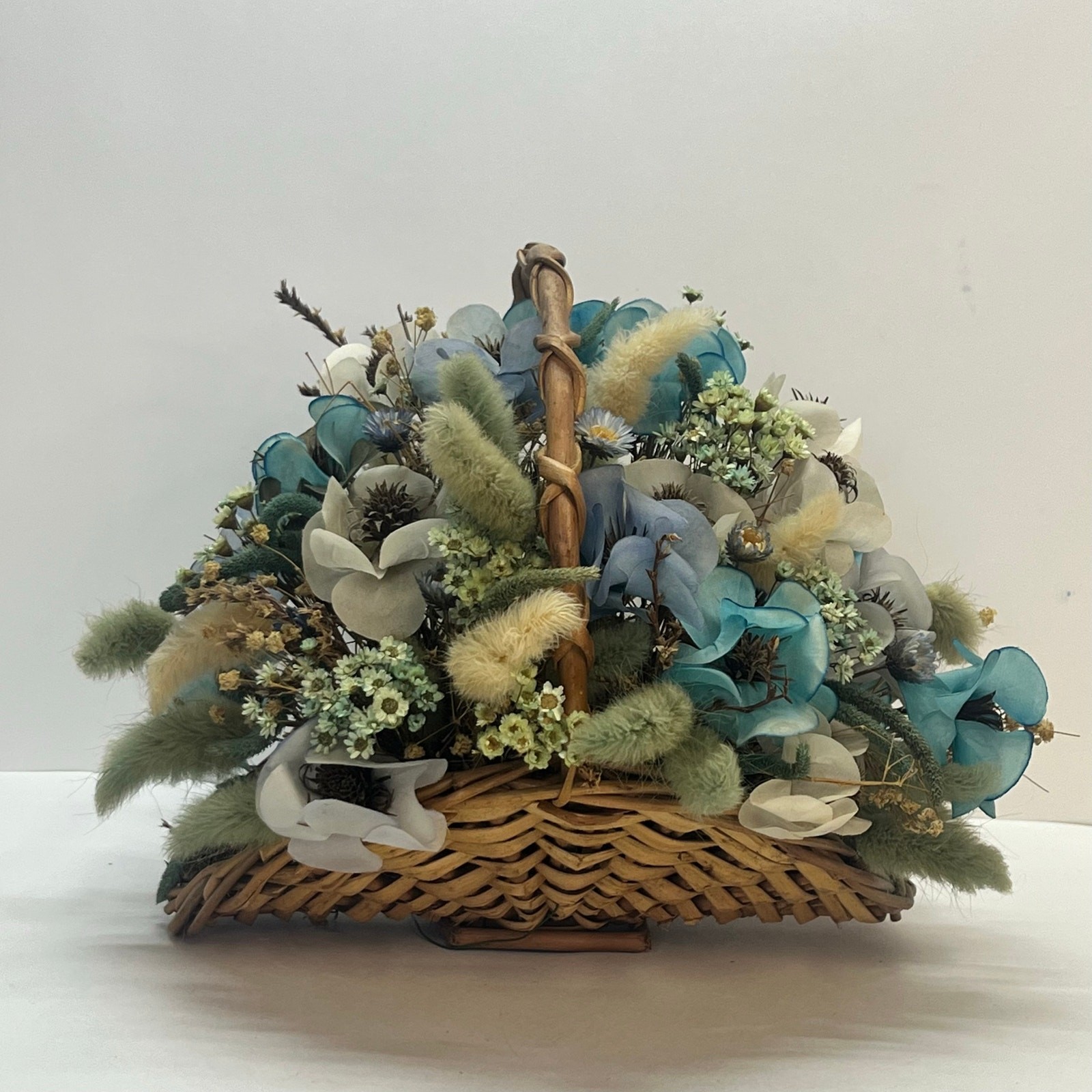Blue and White Floral Arrangement in Woven Wicker Basket Rustic Centerpiece