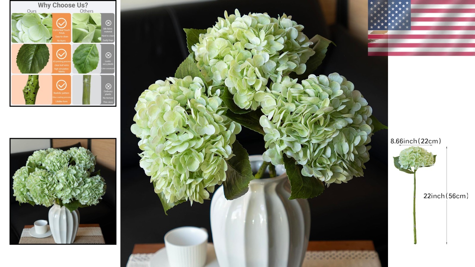 Real Touch Light Green Hydrangea Flowers Set | 22-inch for Weddings & Home Decor