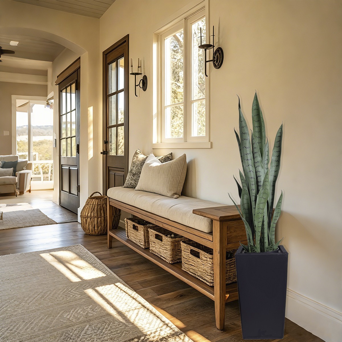 4ft Artificial Snake Plant Black Planter, Faux Sansevieria Floor Plant Decor