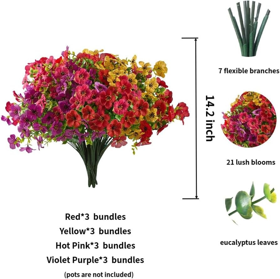 Artificial Outdoor Flowers UV Resistant Fake Plants Greenery 12 Bundles Faux