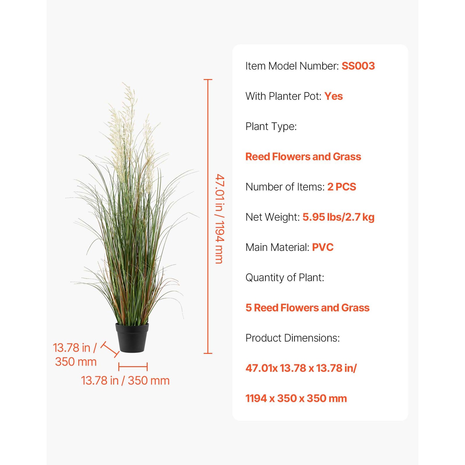 Uimoso Artificial Grass Plant 47-Inch Reed Flower Grass in Pot, Set of 2, Green