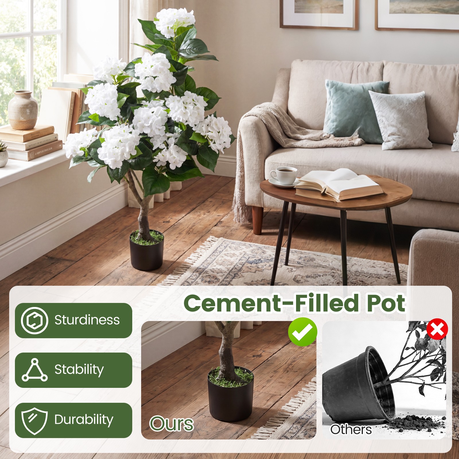 2-Pack Artificial Hydrangea Tree, 43.5″ Faux Flower Plants with 11 Blooms&Trunk