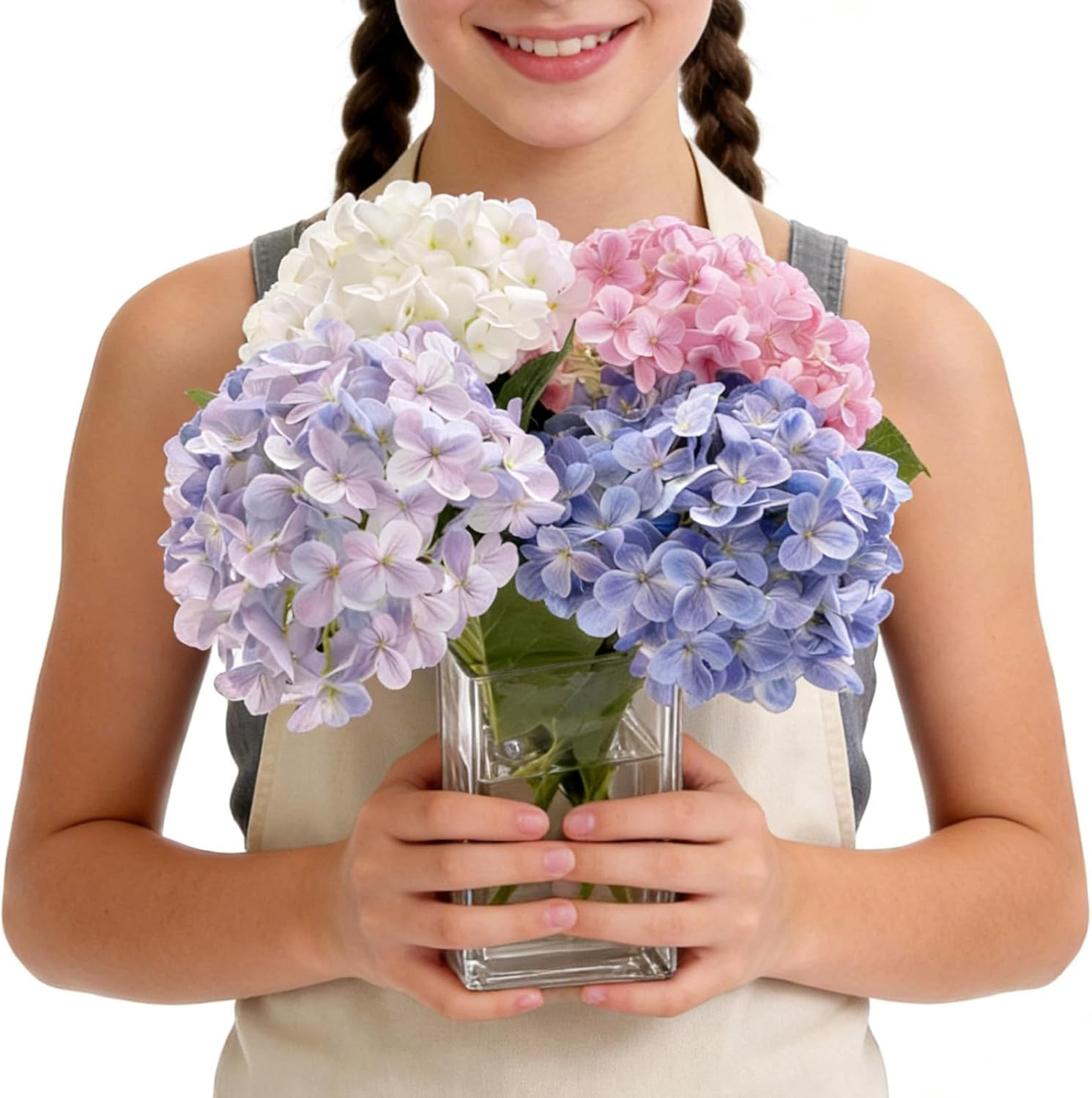 Real Touch Hydrangea Silk Flowers in Glass Vase – Elegant Home Decor Centerpiece