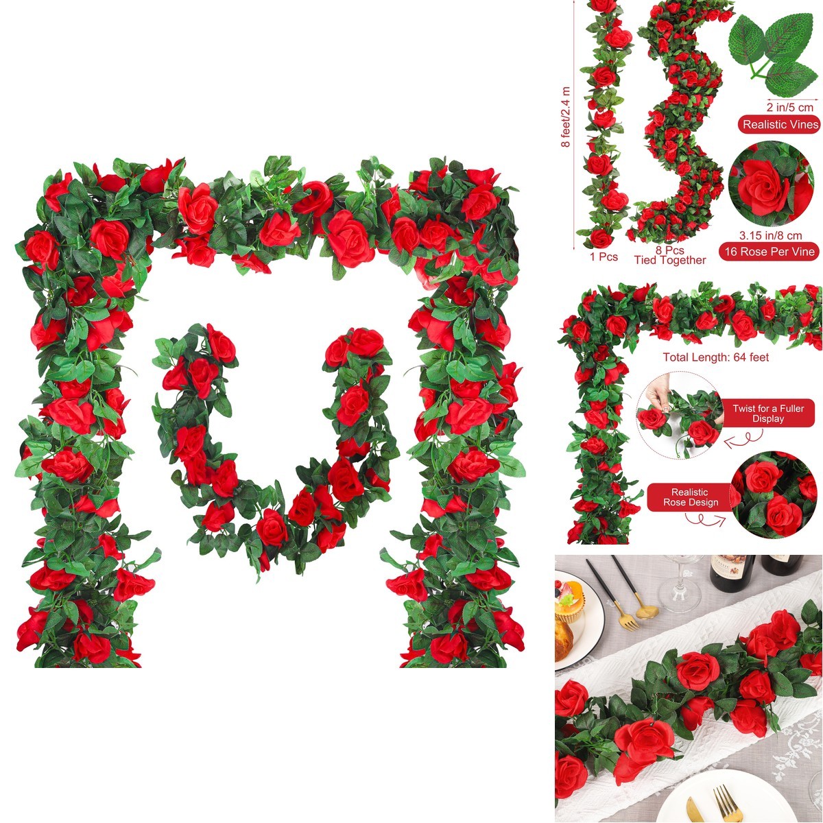 Aneco 8 Pack 64 FT Red Flower Garland Kentucky Artificial Rose Vines Derby
