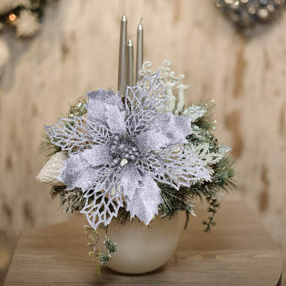 24 Pcs Christmas Silver Glittered Mesh Holly Leaf Artificial Poinsettia Flowers