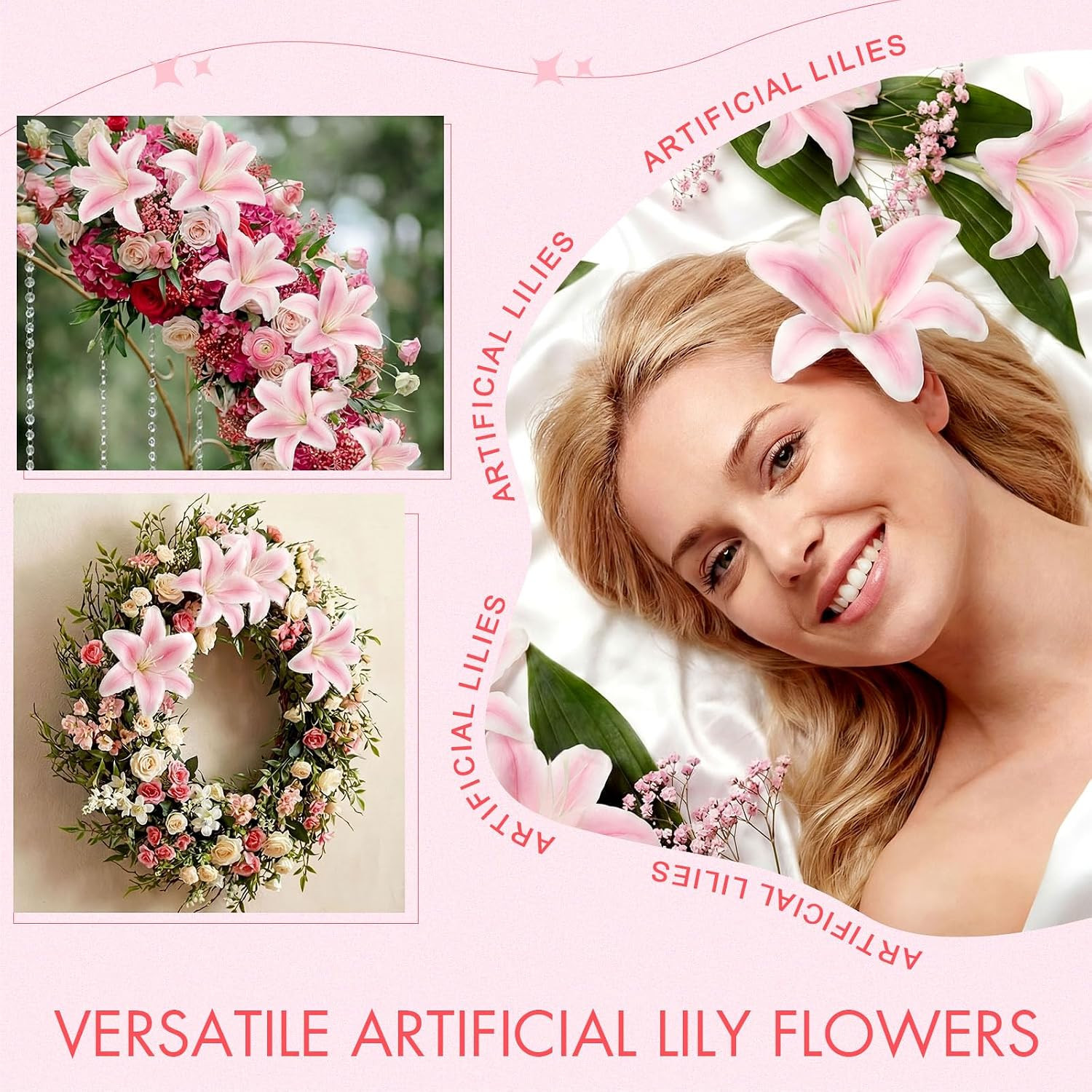 50 Pack Large Faux Lilies – Realistic Pink Flower Heads for DIY Decor