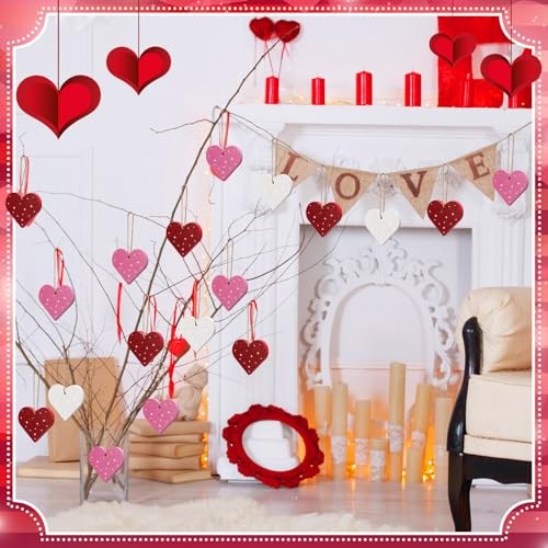 24 Pcs Valentine’s Day Heart Ornaments for Tree Wooden Pink Red White Glitter