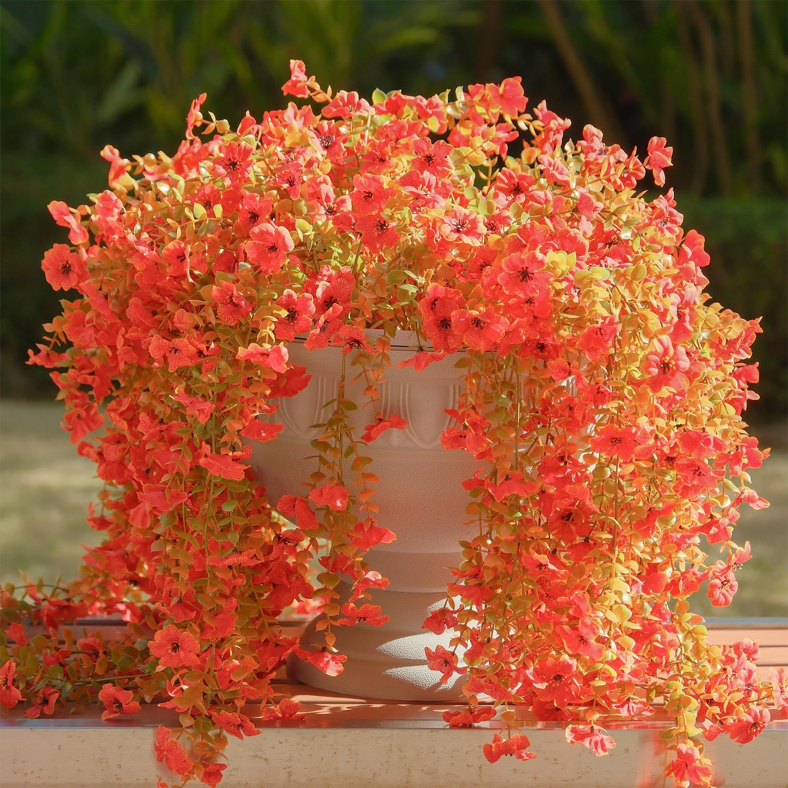 12 Pcs Artificial Hanging Mums Flowers Outdoor, Orange UV Resistant Fake Hang…
