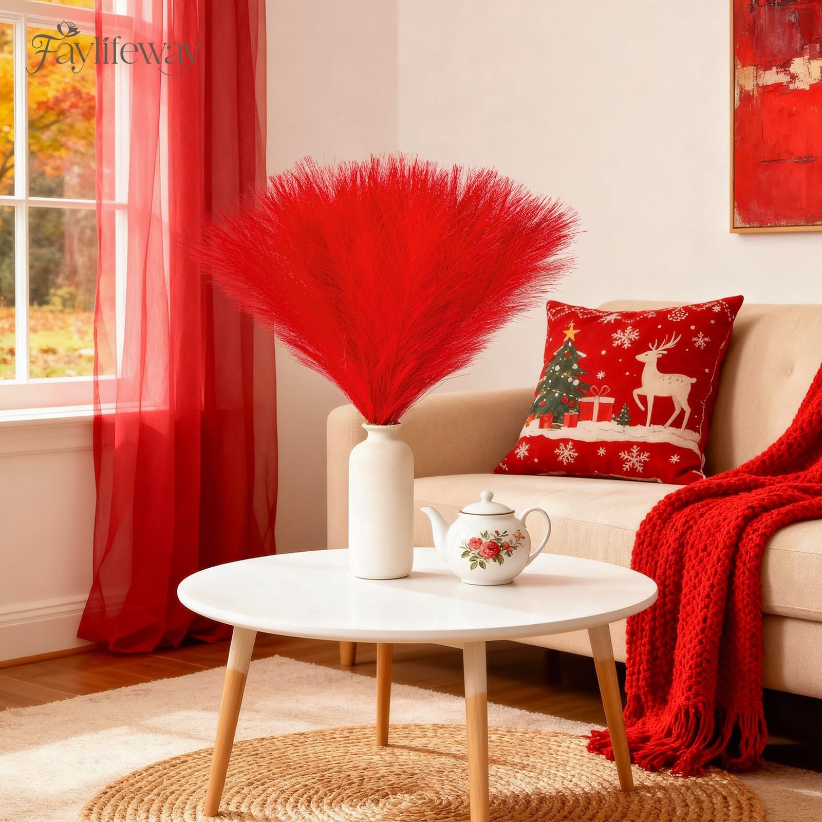 50 PCS Red Pampas Grass, 17in Pampas Grass Decor, Artificial Pompas Wall Deco…