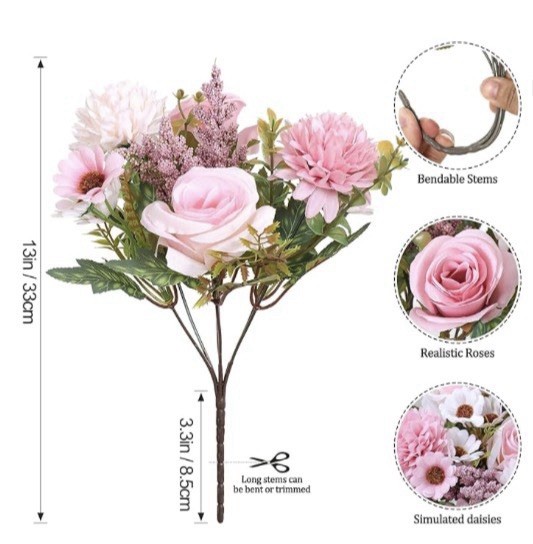 2 Pack Artificial Flowers Bouquet Silk Roses Daisy Real Touch Decor