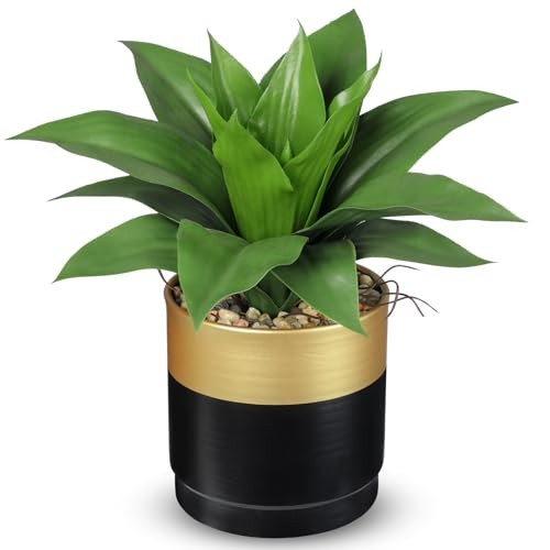 Agave Artificial Wide Leaf Plant in Black Green and Gray Agave Gold Black Vase