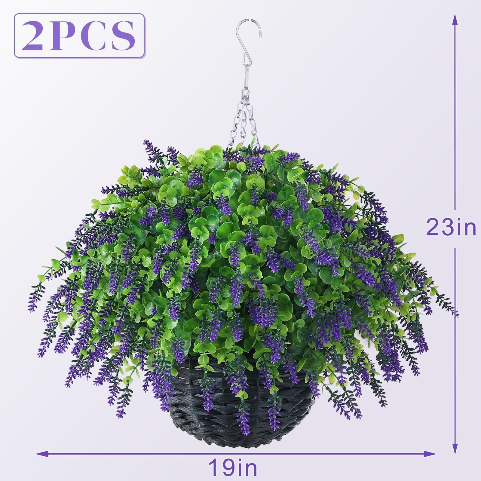 New VIERENA Artificial Lavender and Eucalyptus Leaves Hanging Basket – 2 Set for