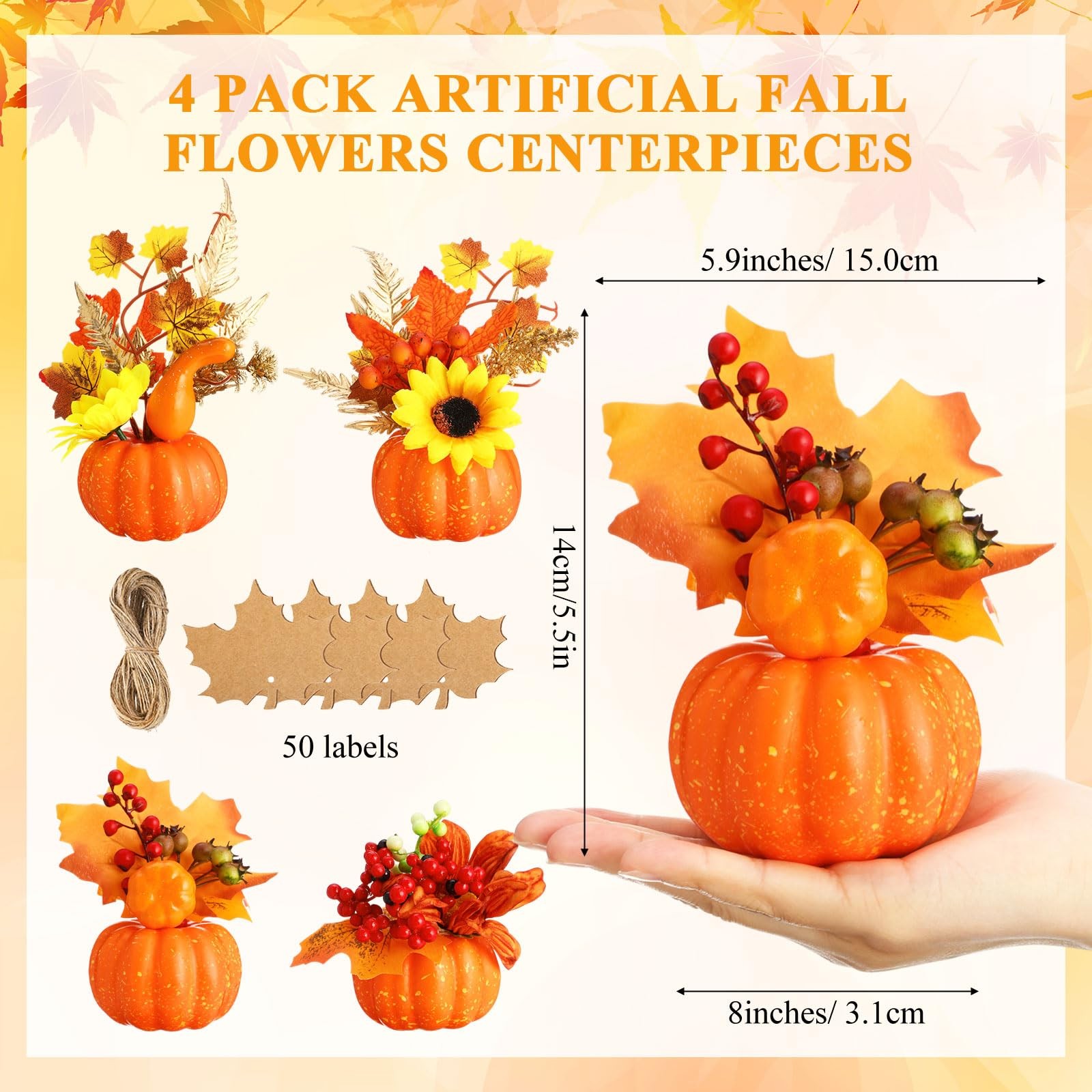 4 PCS Thanksgiving Fall Centerpieces Artificial Pumpkin Flowers Sunflower