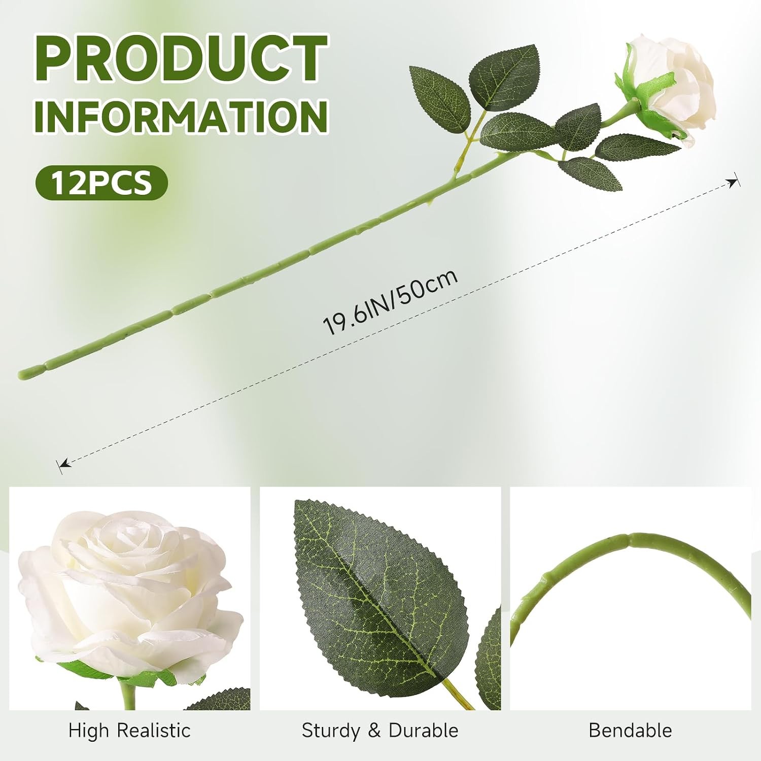 12 Pcs White Roses Long Stem, Artificial Silk Bouquet Wedding DIY