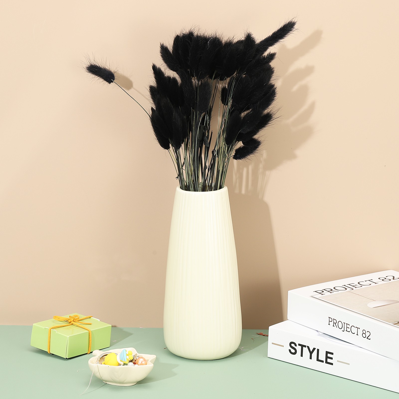 15.7in Bunny Tails Dried Flowers, 80pcs Pampas Grass Decor Rabbit Tail, Black