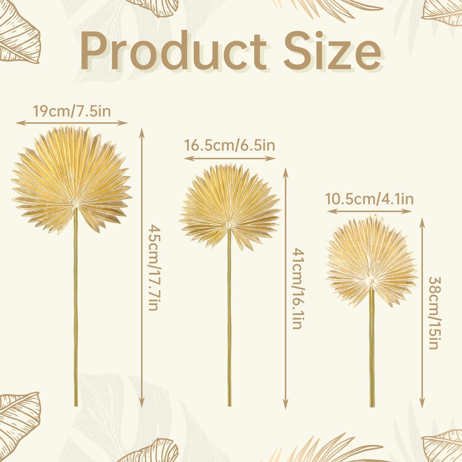 Artificial Gold Palm Leaves Faux Tropical Golden Fronds Mixed Sizes 12 PCS