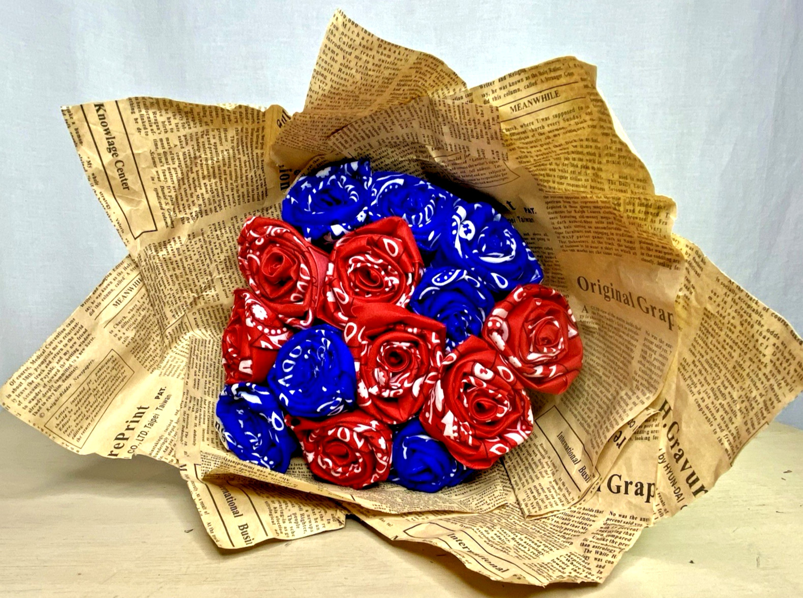 Handmade Rose Bouquet Bandana Wrap Blue Red Roses Vintage Newspaper Replica