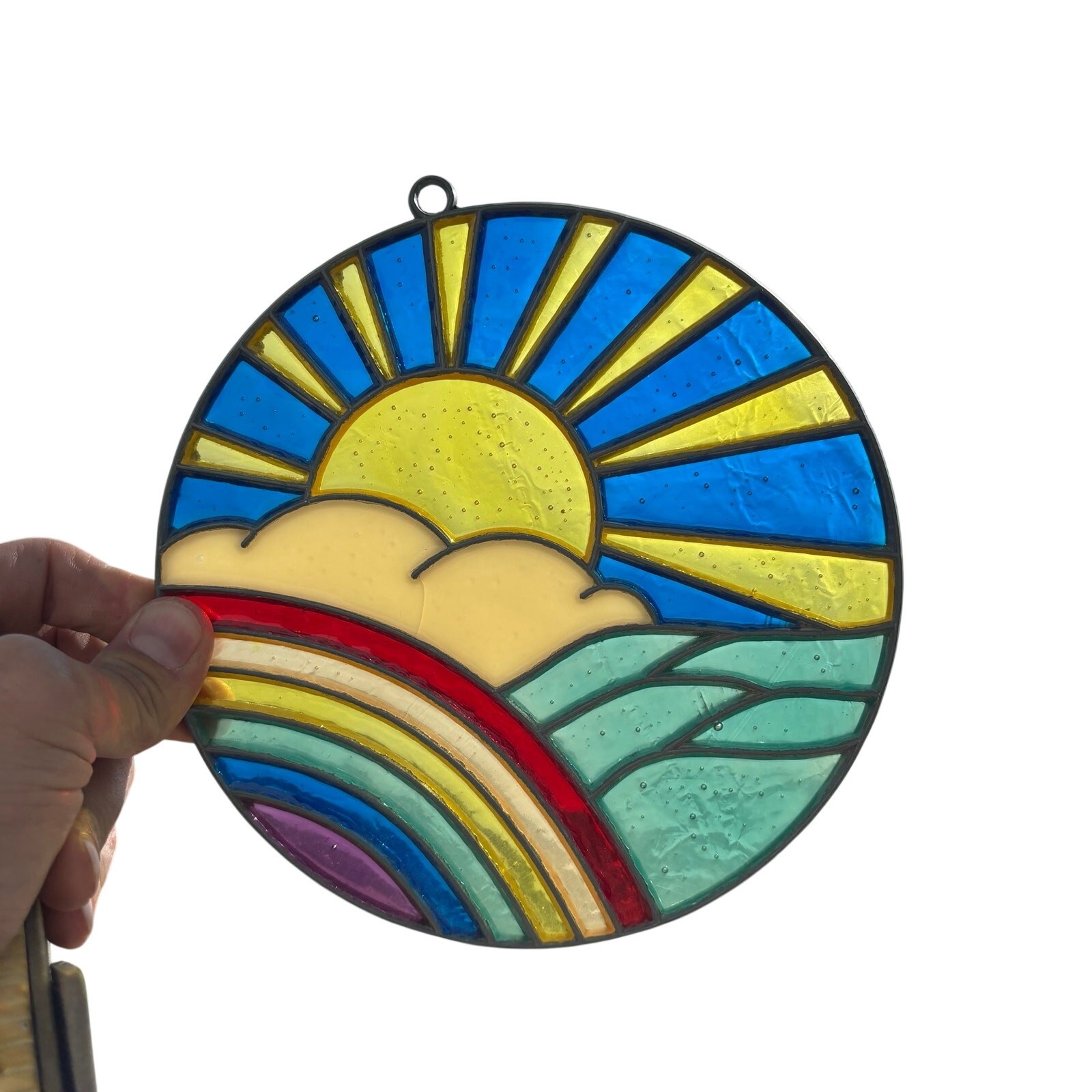 Vintage Sunrise Rainbow Sun Catcher Stained Glass Style 7” Retro Handmade