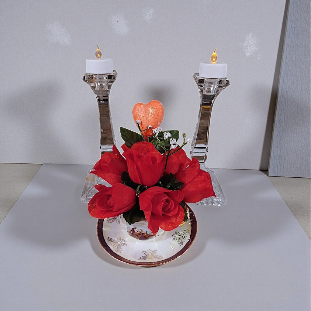 Red Rose Floral Arrangement Tea Cup POP-IN Sparkle Heart Bridal Valentine Love