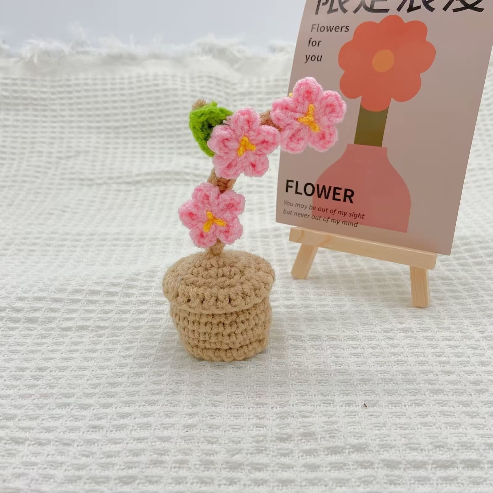 3 PCS Mini Crochet Flower Potted Plant Knitted Fake Plum Blossom Home Decor
