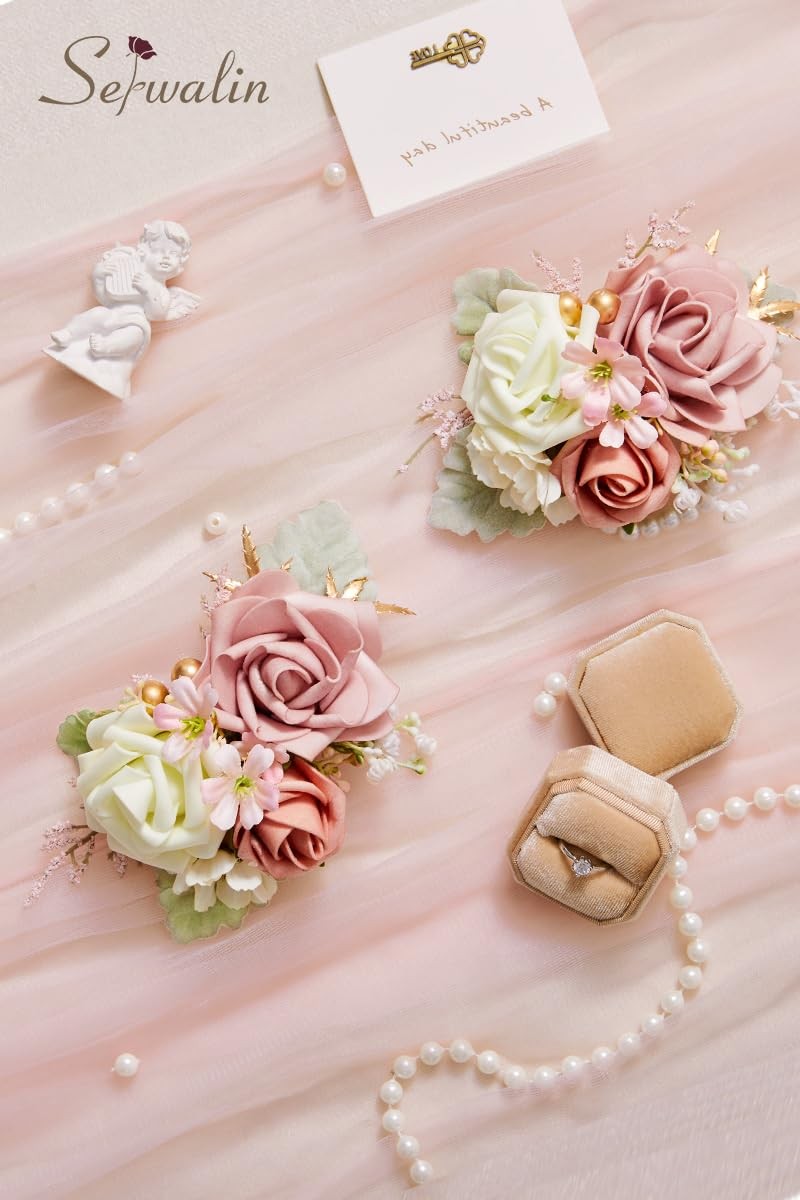 2 PCS Dusty Pink Wrist Corsage Boutonniere Set 67 Inch Wedding Prom Suit