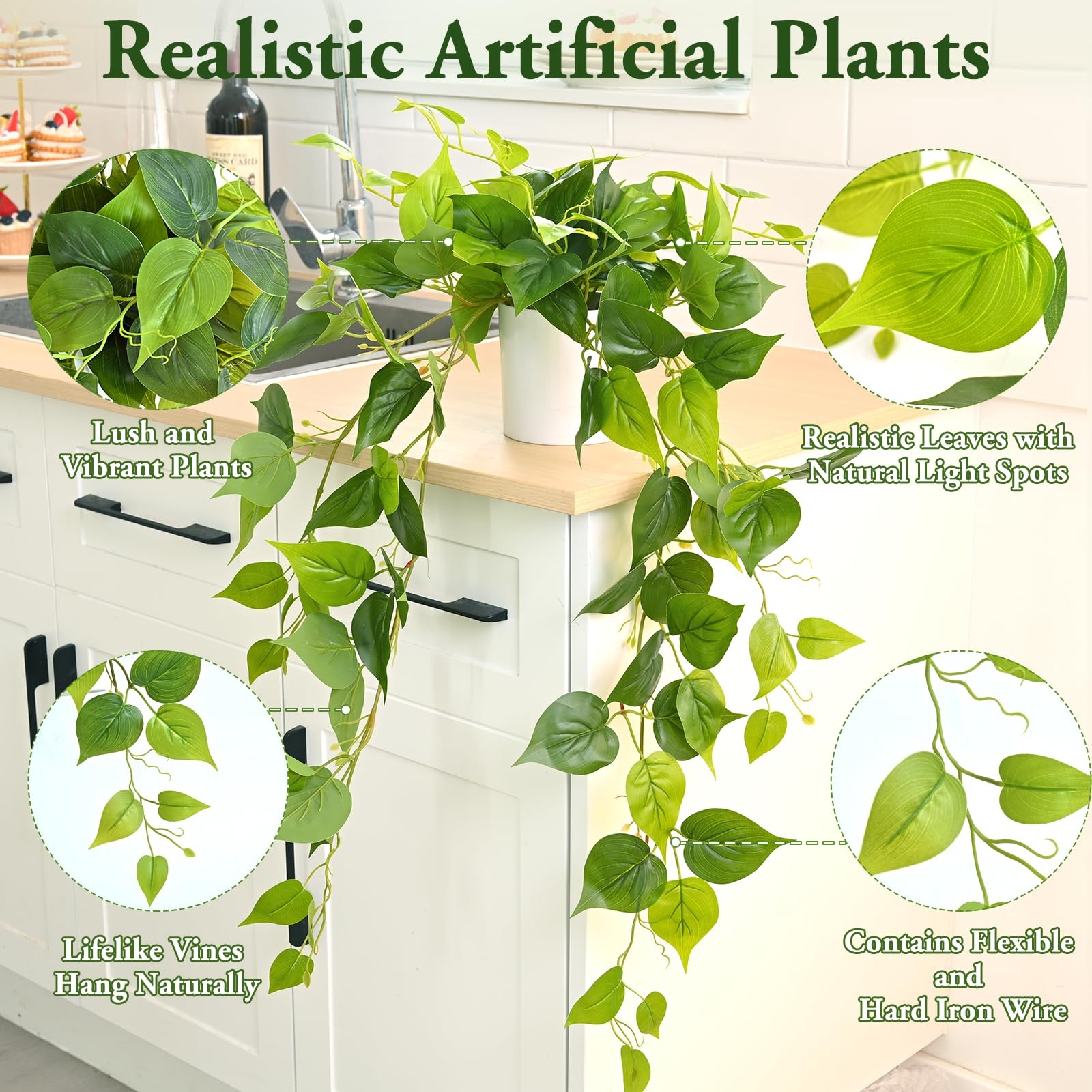 34 Inch Artificial Indoor Fake Pothos Hanging Plants Silk Vines Ivy Potted Decor