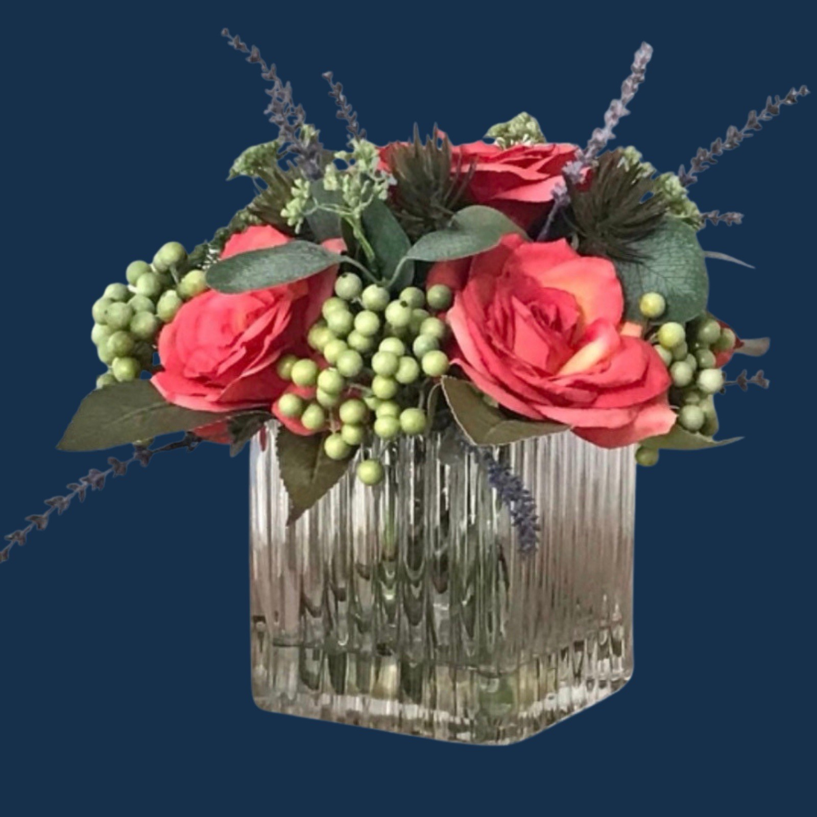 Custom Designed Faux Floral Arrangement Glass Vase With Faux Water