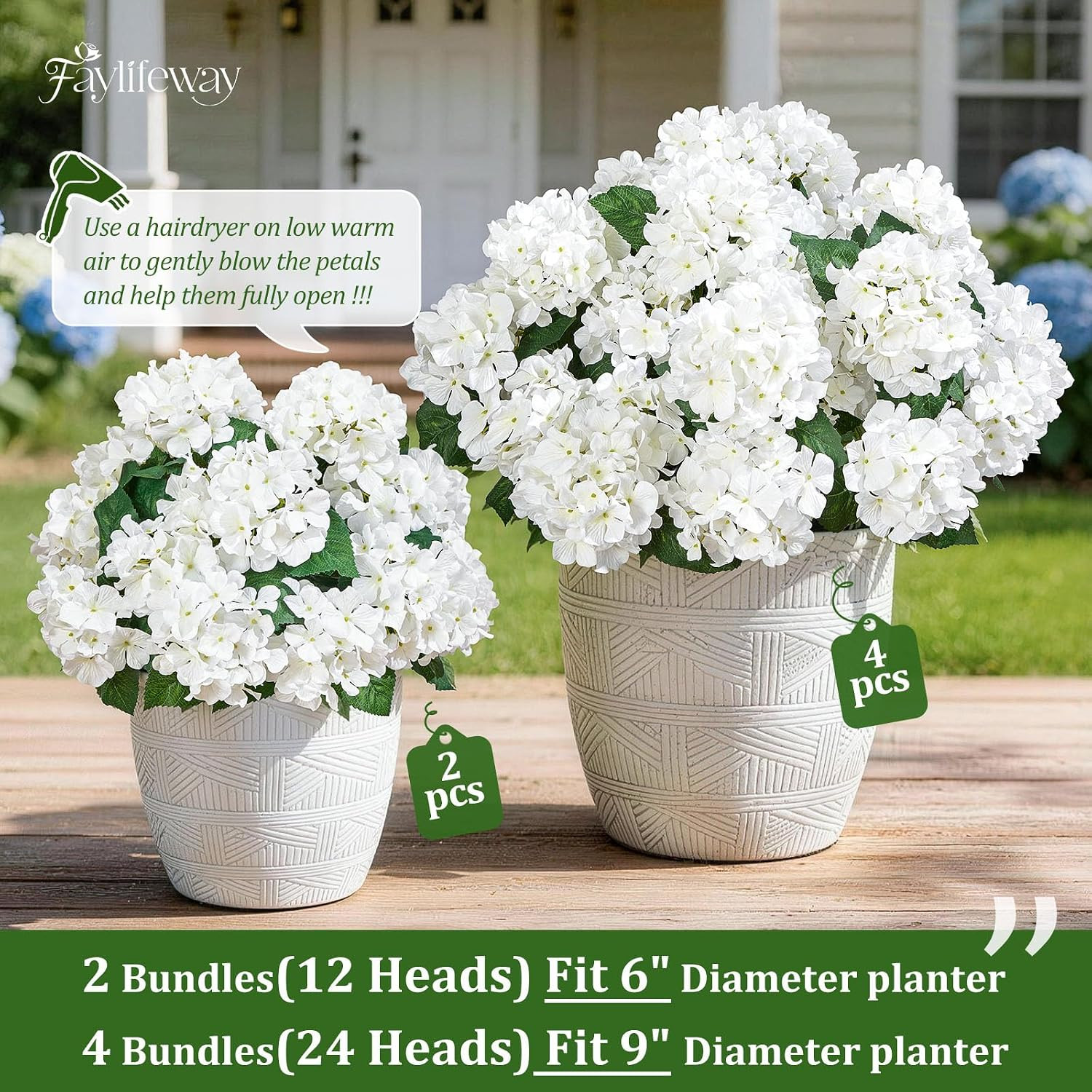 UV Resistant Faux Hydrangea Flowers – 12 Heads for Outdoor Decor (White)