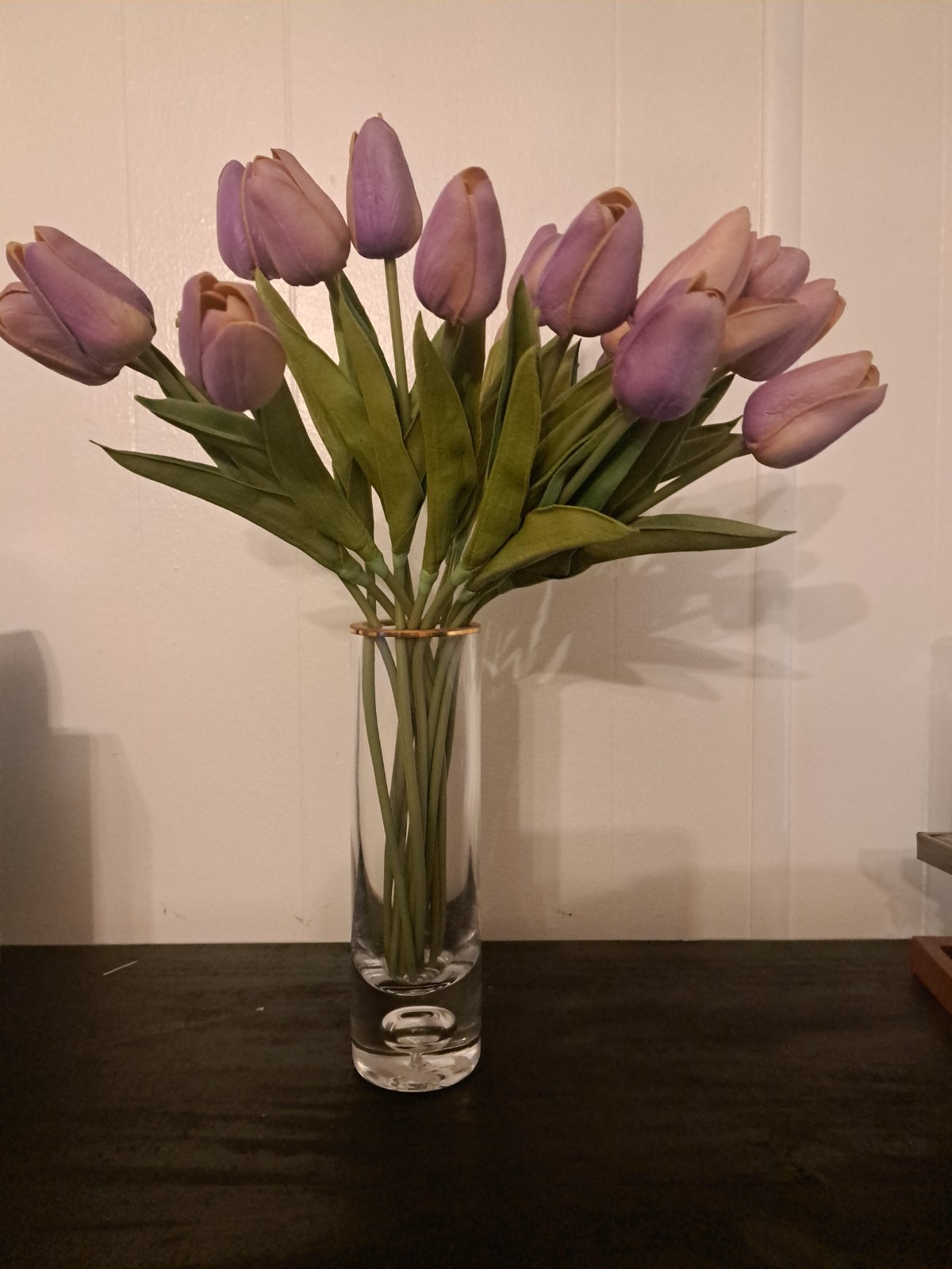 18 Artificial Purple Silk Tulips & Floral Gold Rim Illusion Vase 8″ H X 2.5 W