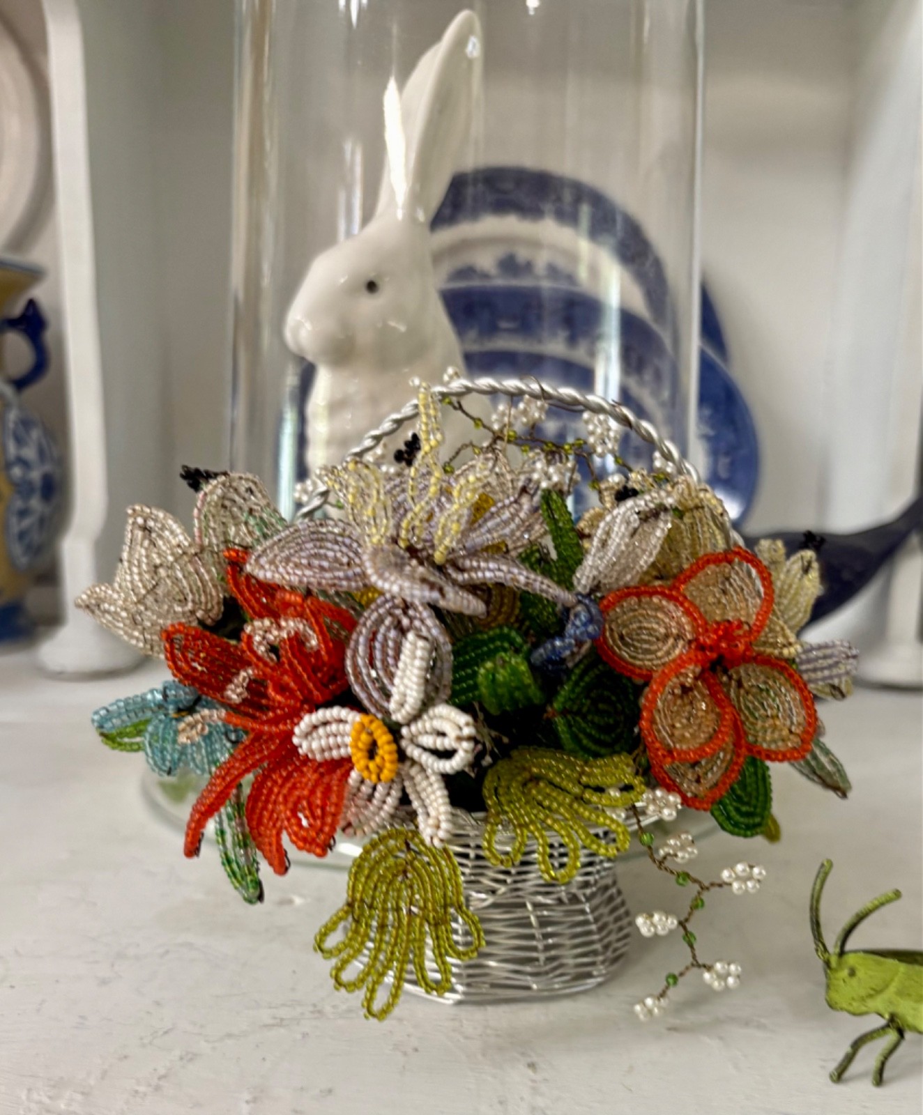 Vintage French Glass Beaded Flowers Bouquet handmade Silver plated wire basket