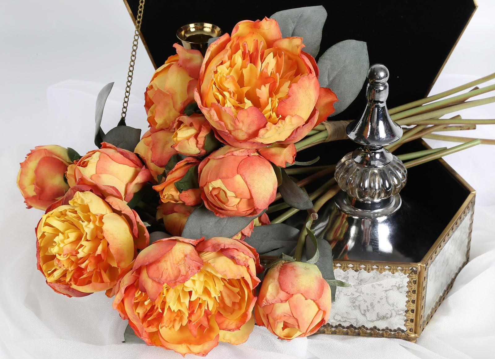 Silk Peonies Orange 2 Bouquets 14 Heads Artificial Flowers For Wedding Home Deco