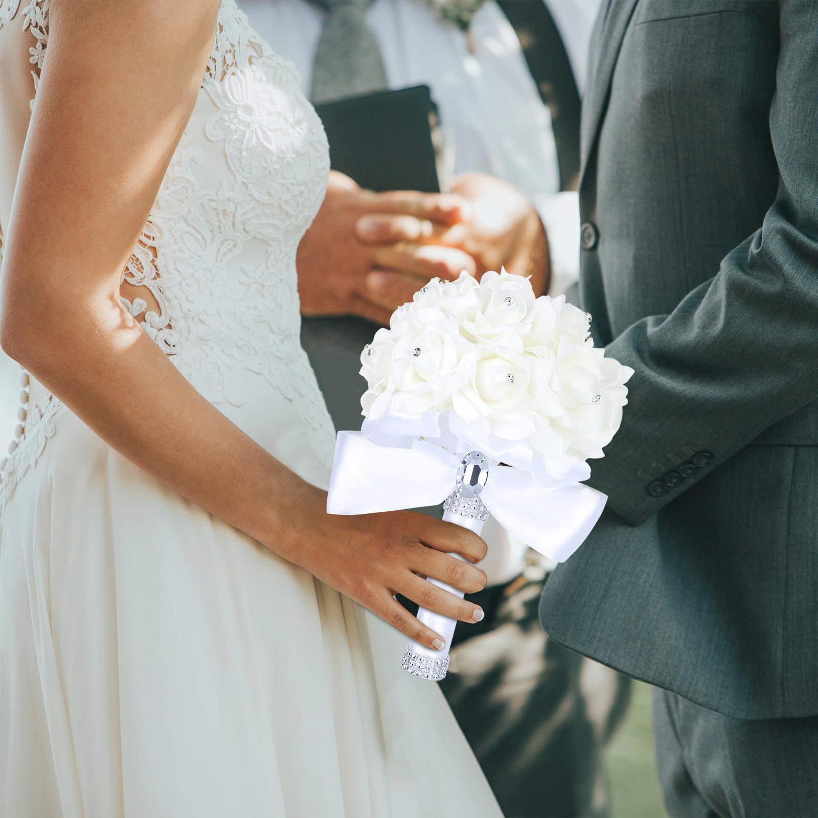 White Wedding Bouquet Crystal Roses Artificial Bridal Flowers Party Church