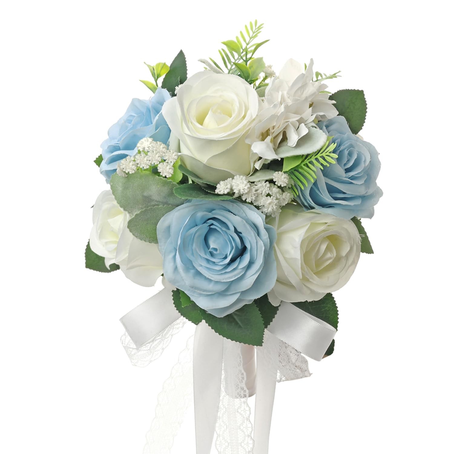 9 Inch Dusty Blue Ivory White Wedding Bouquet Bride Artificial Roses Flower
