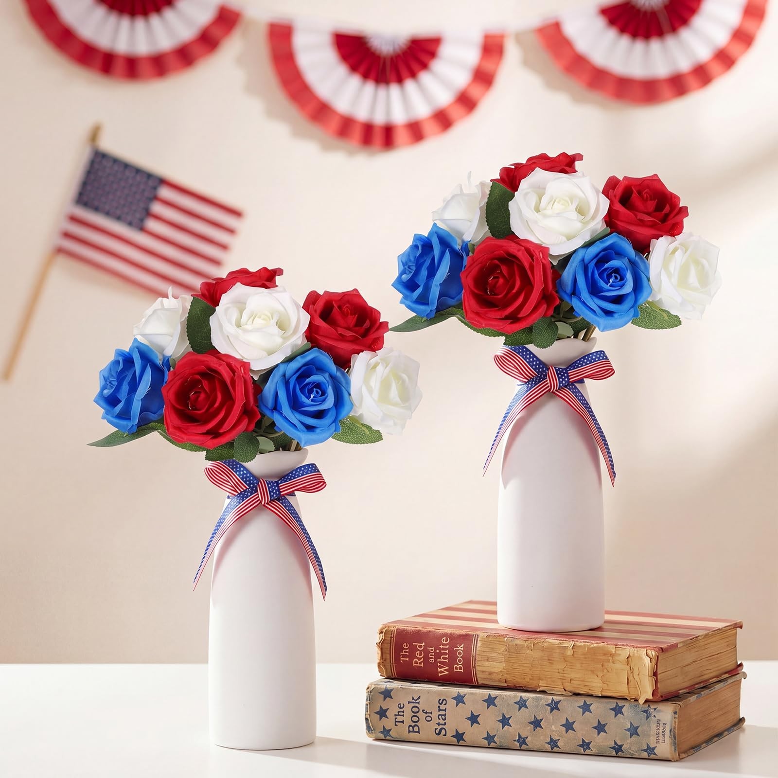 4th of July Decorations 2 Sets Artificial Flowers and Vase Red Blue White Pat…