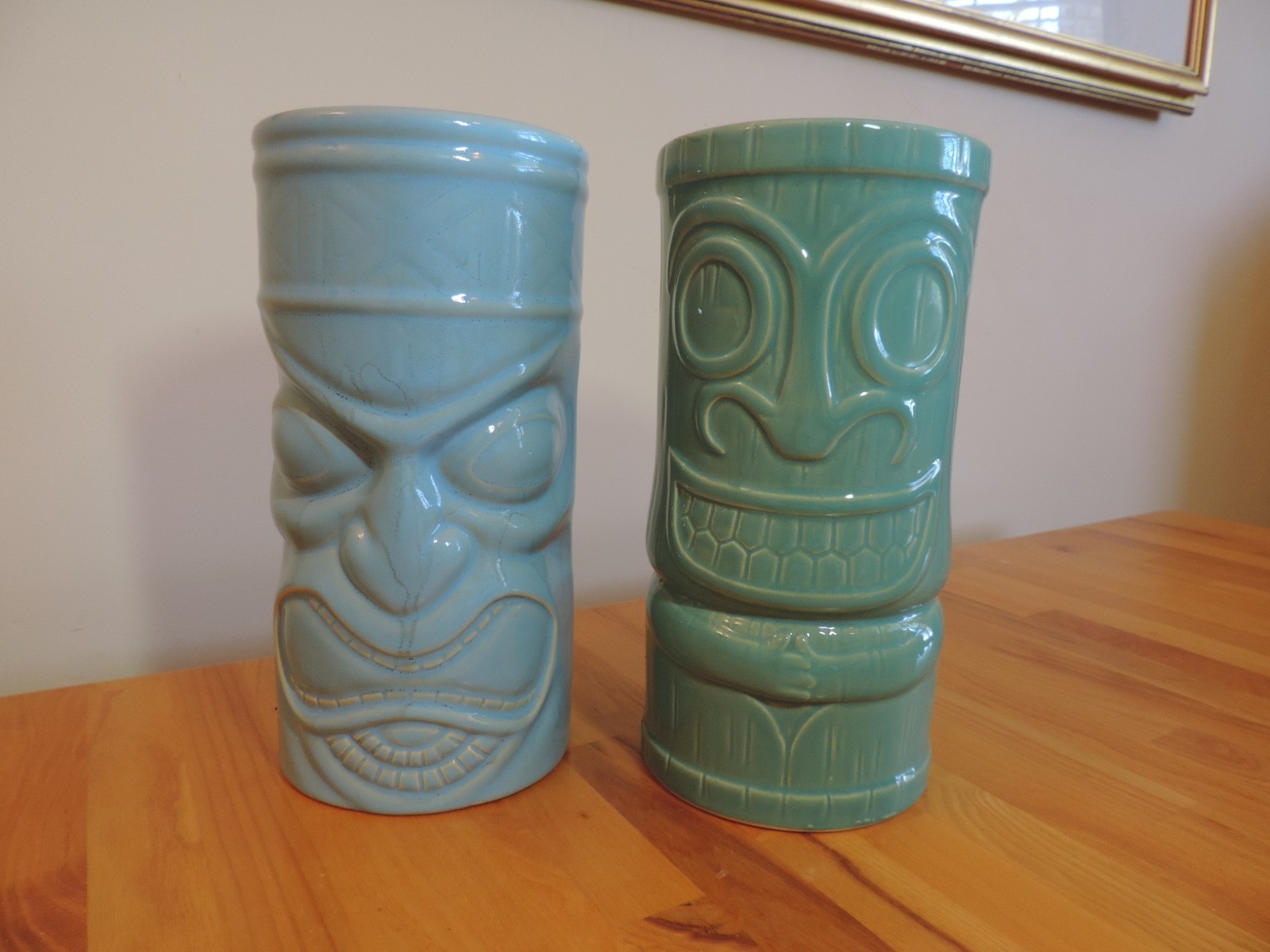 2 Tiki Totem Hawaiian Ceramic Planters 9″ Planters Vase Blue Green