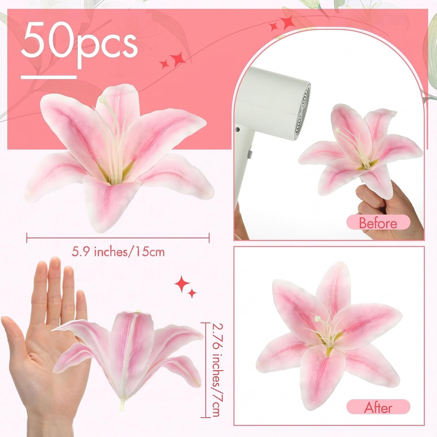 50 Pack Large Faux Lilies – Realistic Pink Flower Heads for DIY Decor