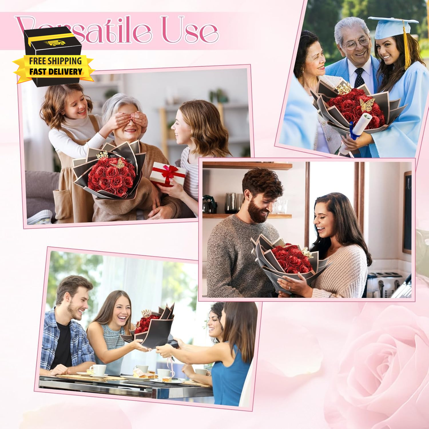Glitter Roses Bouquet, 24 Roses DIY Fake Glitter Flowers Bouquet, Everlasting Sh