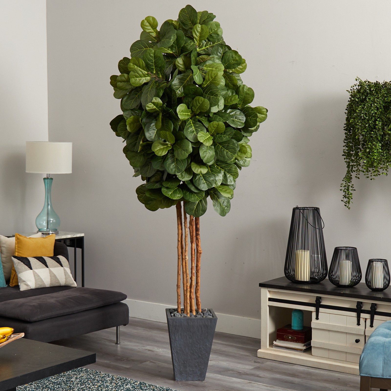 Nearly Natural Fiddle Leaf Artificial Tree in Slate Planter in Green