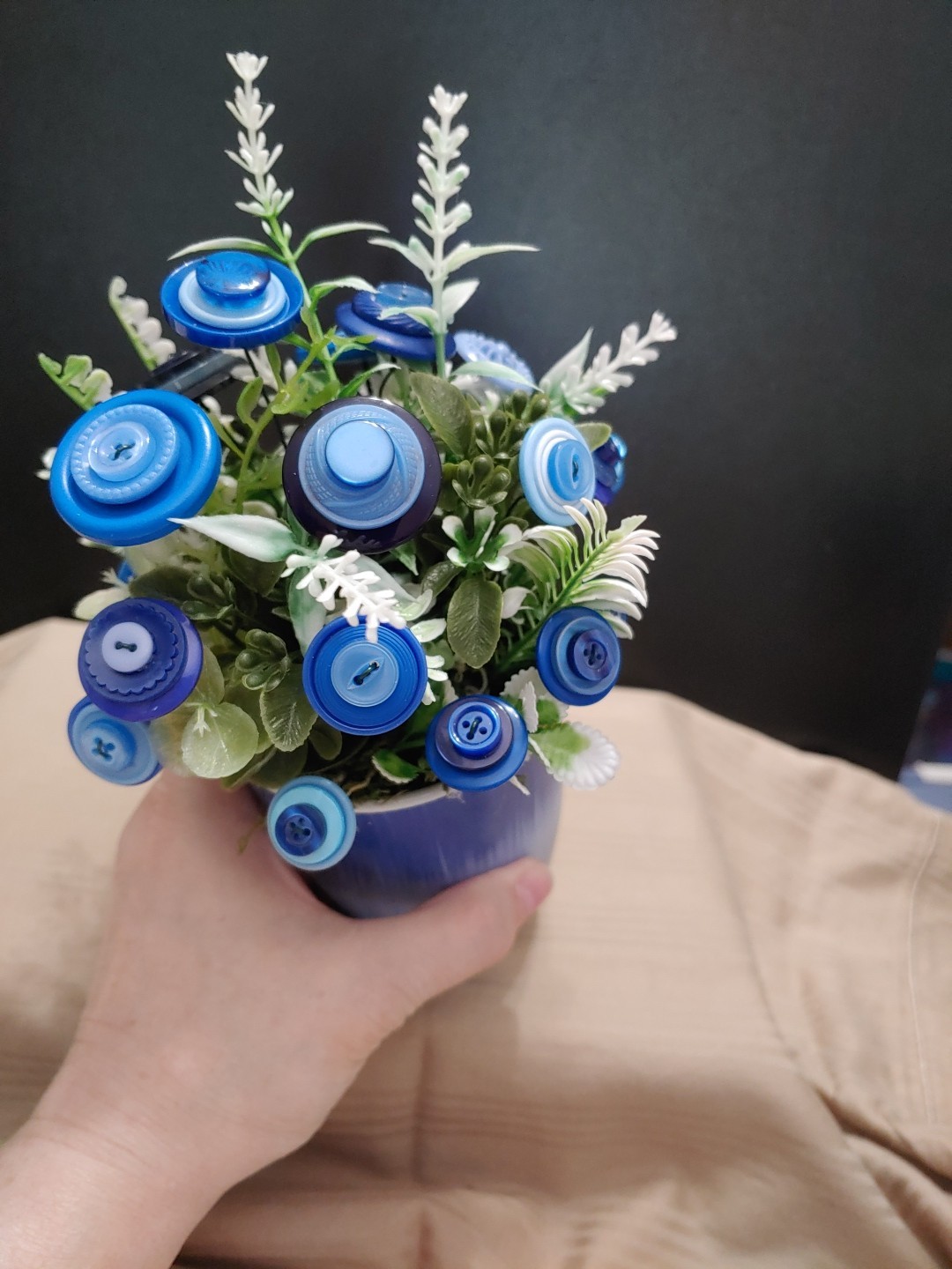Blue Button Flower Bouquet With Greenery In Blue White Coffee Mug Vintage Button