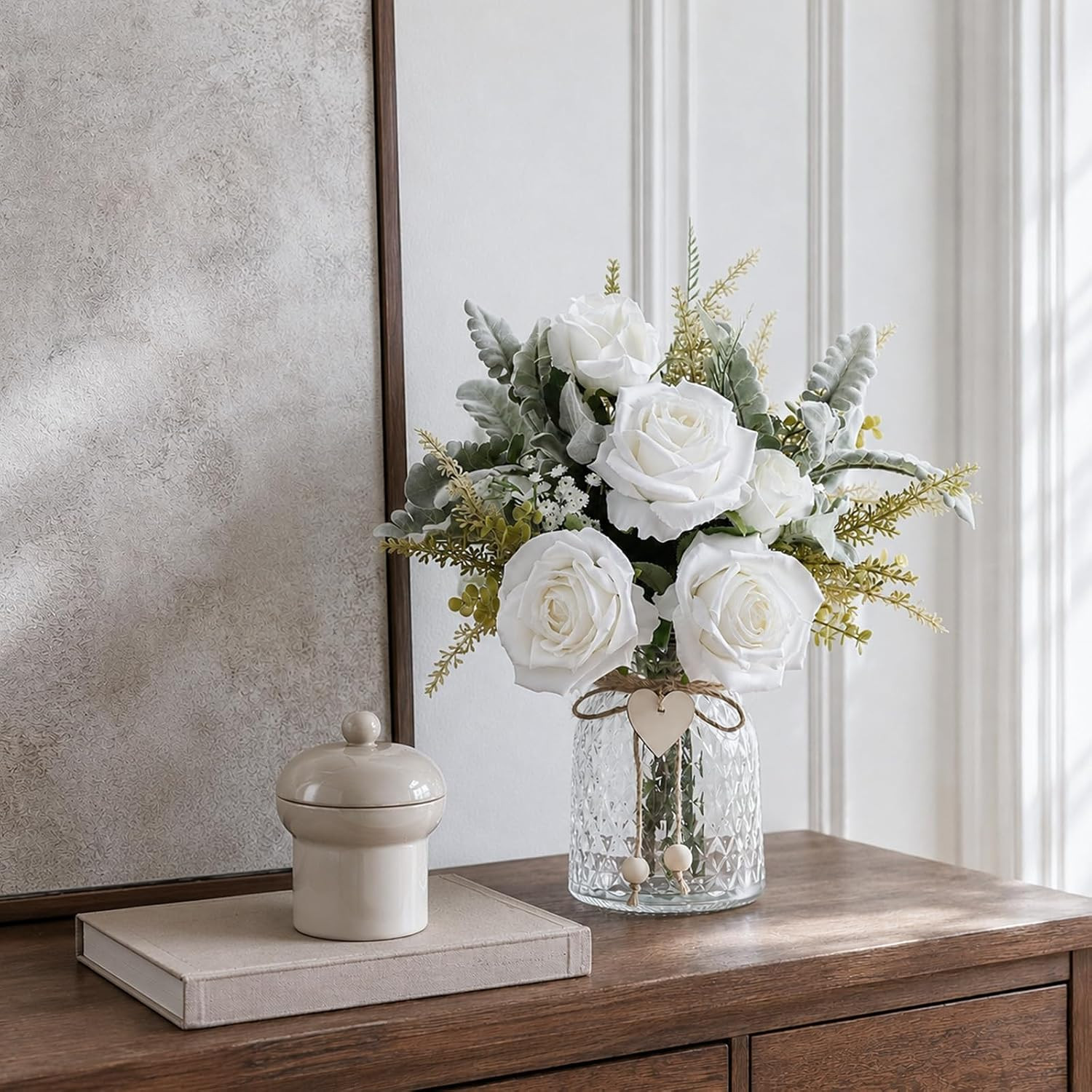 Artificial White Rose in Vase Faux Flowers for Home Decor Table Centerpiece | FL