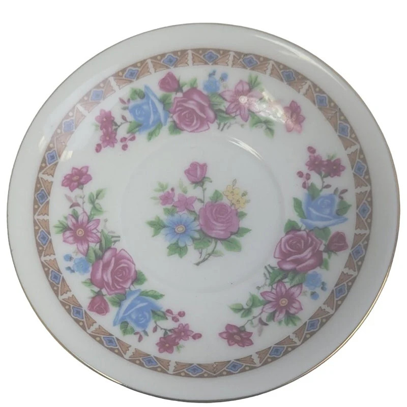 Vintage Made In China Ceramic Gold Rim Floral Pink Blue Rose Teacup Saucer Set