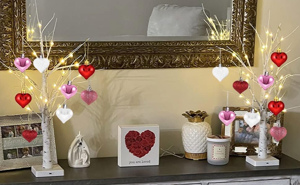 24 Inch Valentine Lighted Birch Tree Centerpiece Table 12 PCS Heart Ornament