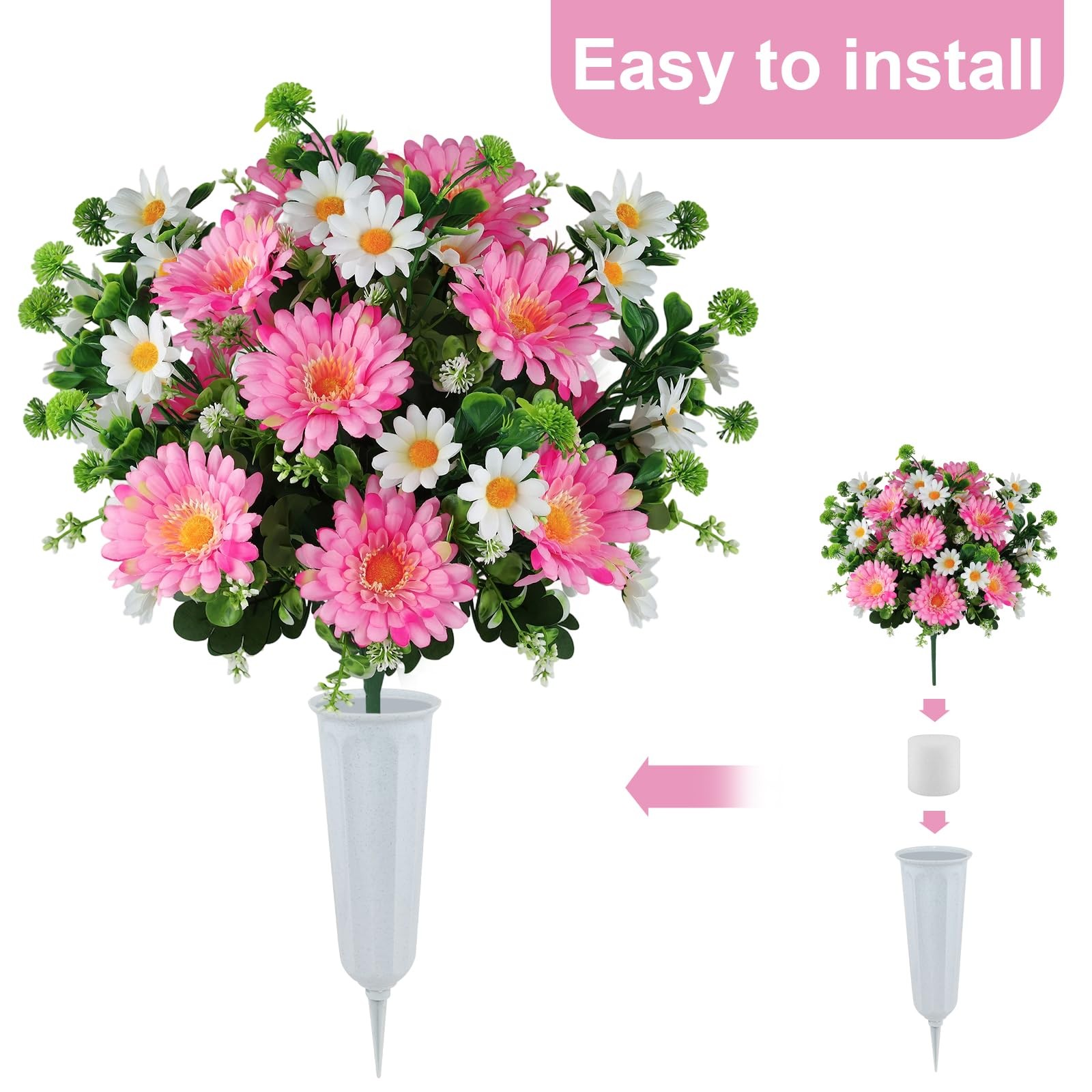 Artificial Cemetery Flowers for Grave with Vase, 24 Branches Daisy Fake Silk