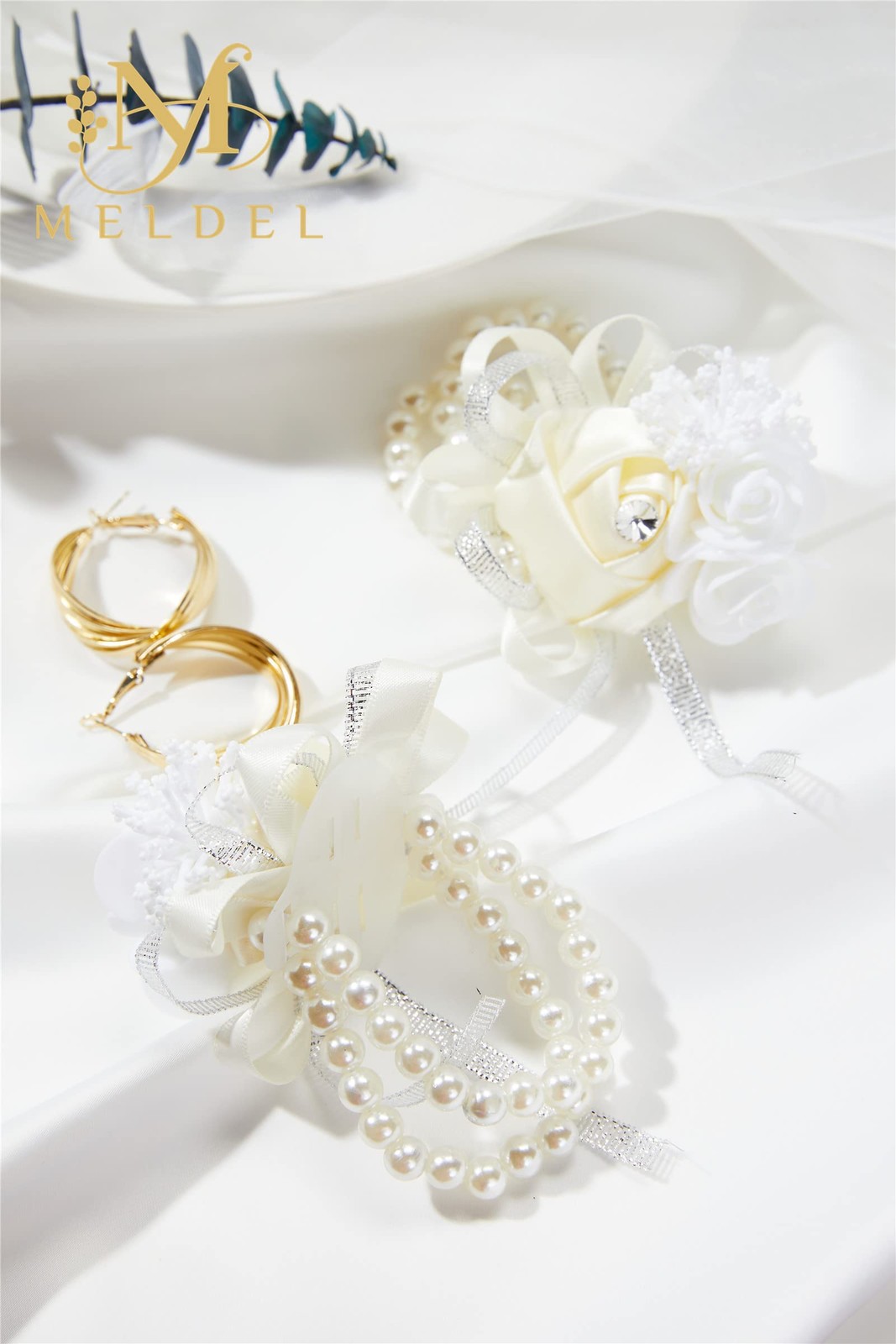 4 PCS Beige White Wrist Corsages Artificial Silk Rose Pearl Bridal Bridesmaid