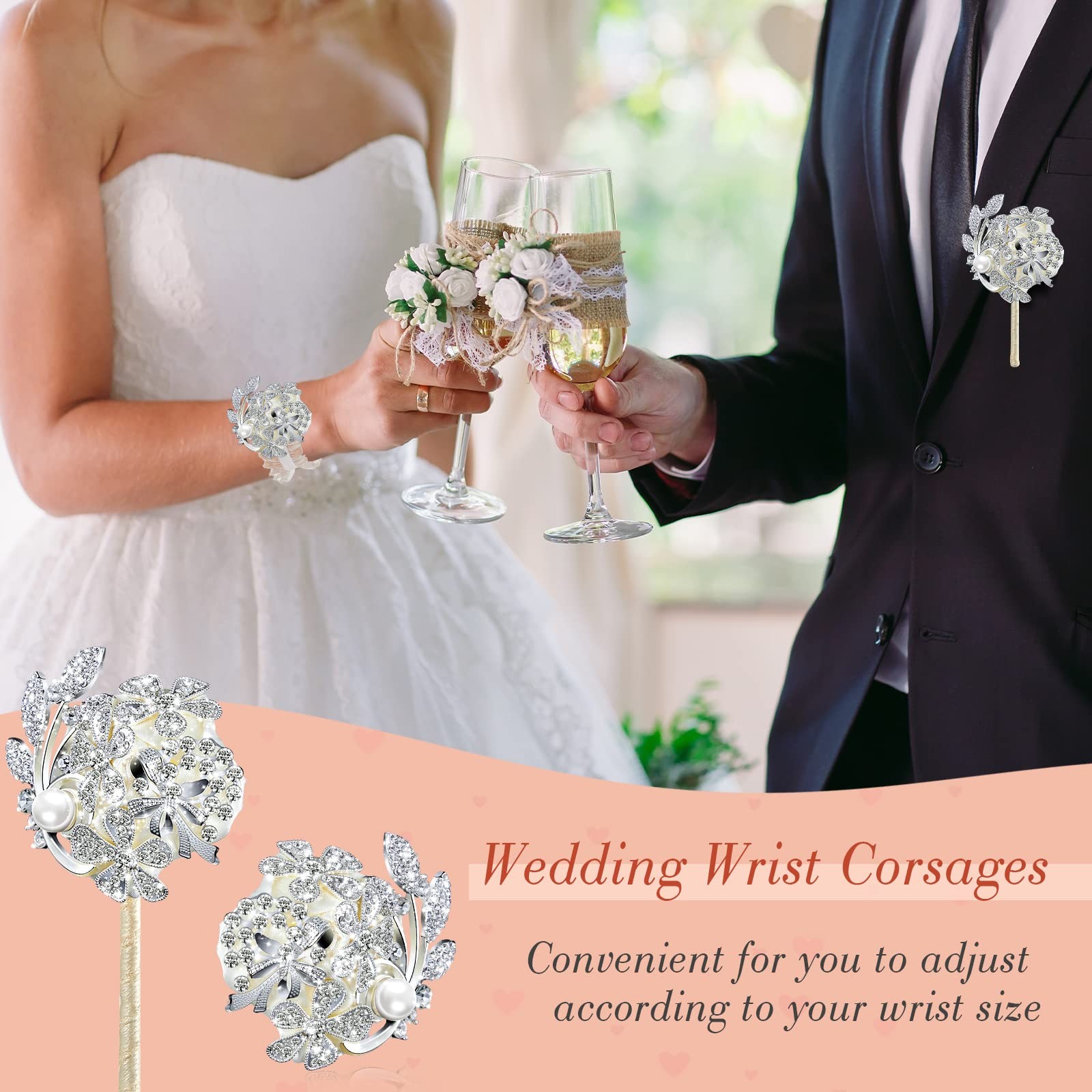 2 Pcs Rhinestone Wrist Corsage and Boutonniere Set – Artificial Flower Corsag…