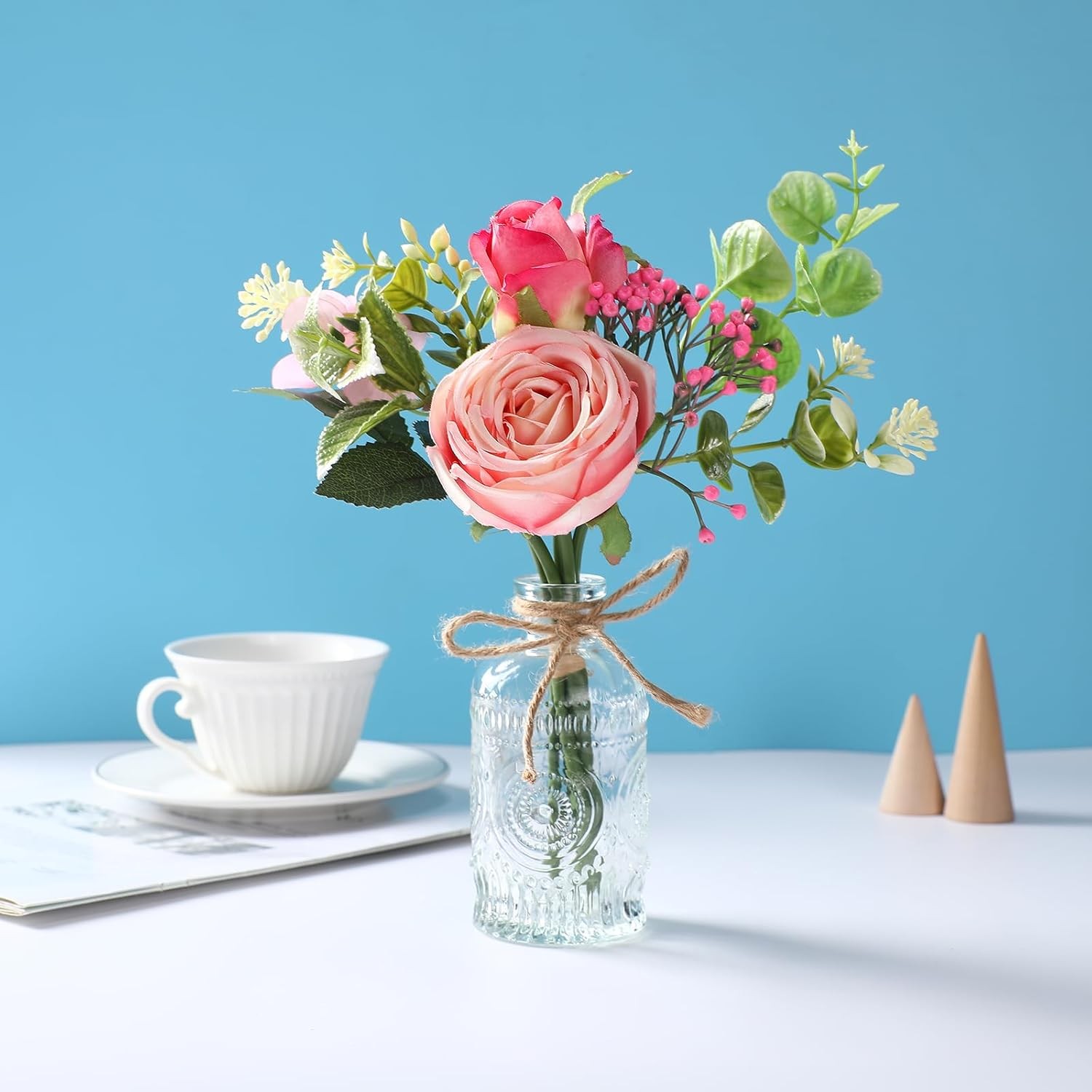 Flowers Bouquet in Small Vase – Pink Rose Artificial Fake Centerpiece Potted