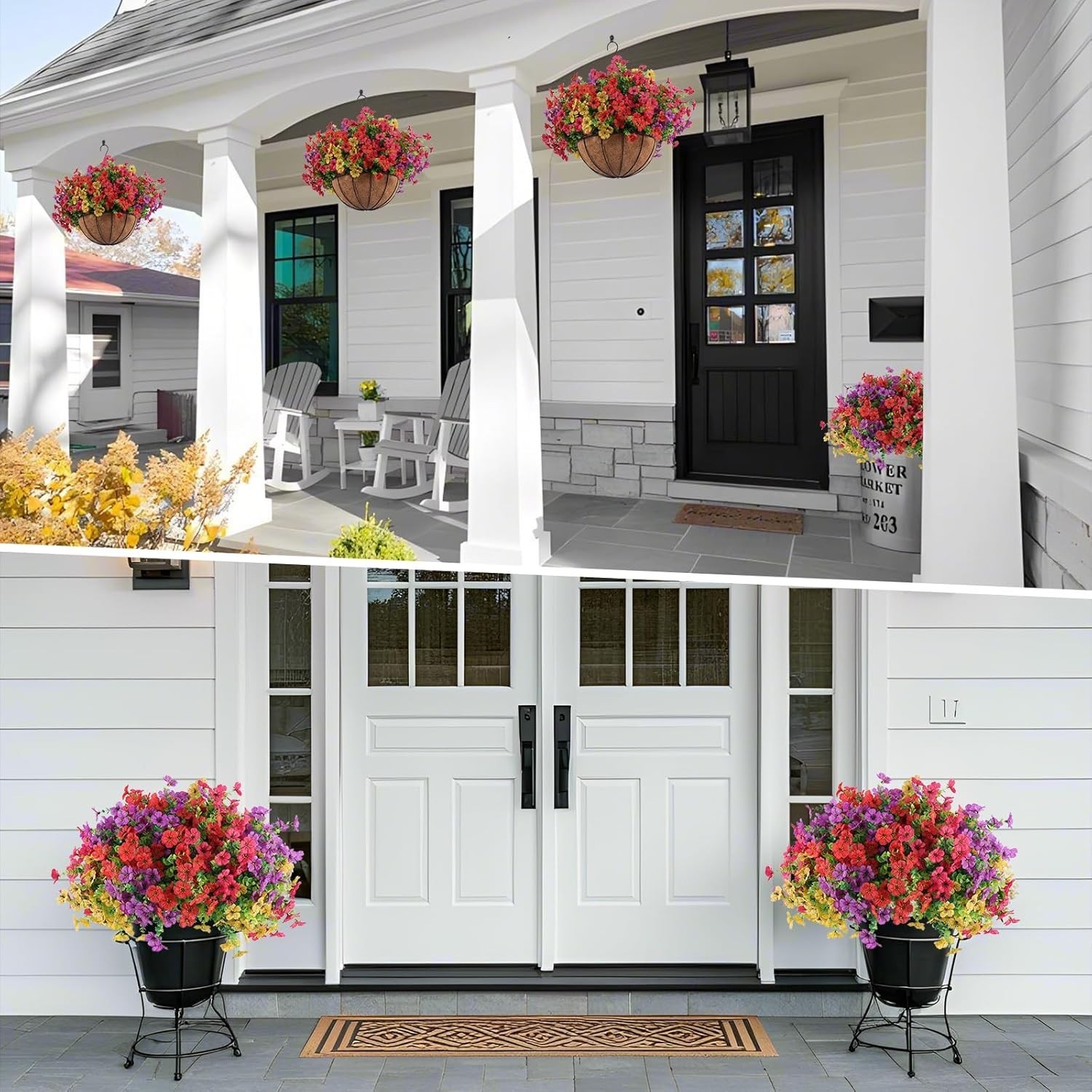 2 Hanging Planters with 24 Flowers, Red/Purple/Yellow