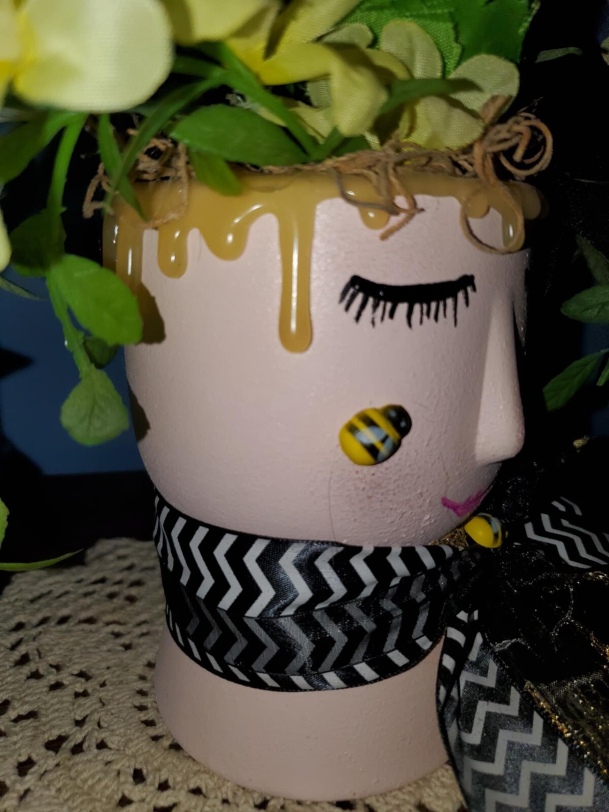 Handmade Floral Arrangement Whimsical Planter Bumble Bee Fushia Yellow Forsythia