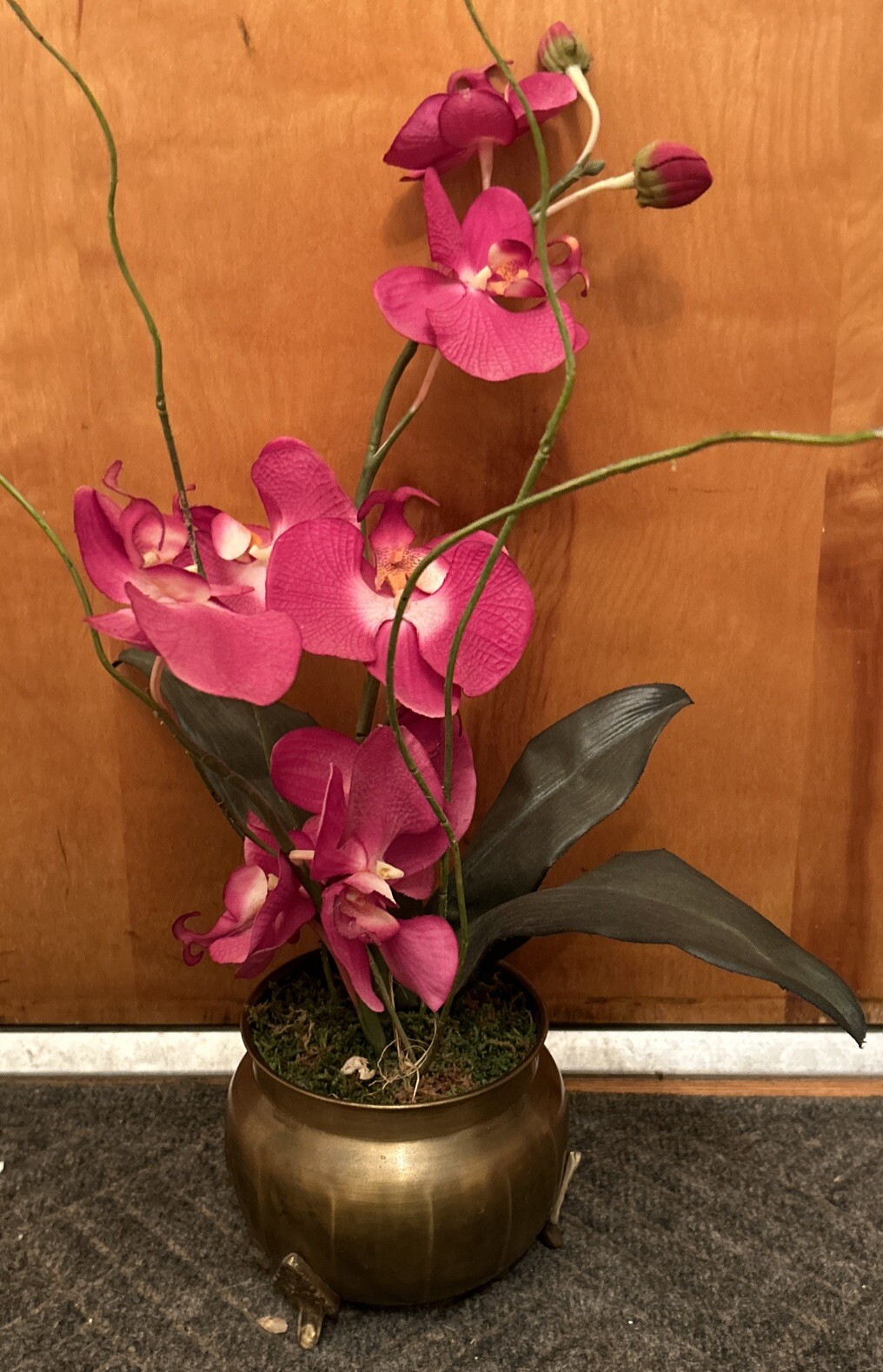Artificial Orchids In Brass Urn With 3 Feet 20” Tall Darker Colors Due To Light